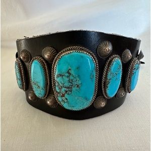 Native American Turquoise & SS Ketoh Cuff Bracelet on black leather.
